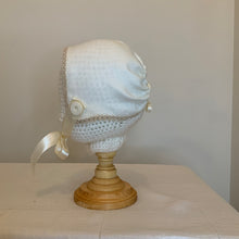 Load image into Gallery viewer, Handkerchief Bonnet, Vintage Ecru Handkerchief with Shuttle Tatted Petite Ecru Edging