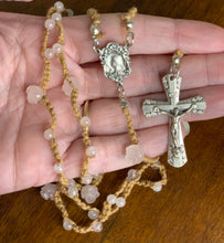 Load image into Gallery viewer, Acadian Brown Cotton Shuttle Tatted Rosary with Rose Quartz Beads