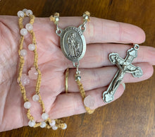 Load image into Gallery viewer, Acadian Brown Cotton Shuttle Tatted Rosary with Rose Quartz Beads