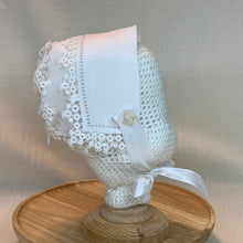 Load image into Gallery viewer, Handkerchief Bonnet, Shuttle Tatted White Edging - Hens & Chicks