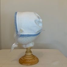 Load image into Gallery viewer, Handkerchief Bonnet, Shuttle Tatted Petite Lite Blue Edging