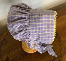 Load image into Gallery viewer, Bonnet - Purple & Yellow Plaid Prairie Bonnet, with Shuttle Tatted Edging or Plain