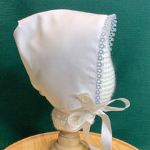 Load image into Gallery viewer, Fitted Birdie Cap - White Imperial Broadcloth with Lite Blue Tatted Edging
