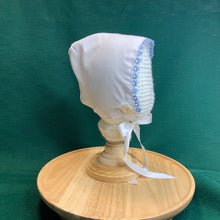 Load image into Gallery viewer, Fitted Birdie Cap - White Imperial Broadcloth with Blue Tatted Edging