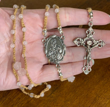 Load image into Gallery viewer, Acadian Brown Cotton Shuttle Tatted Rosary with Rose Quartz Beads