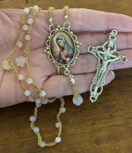 Load image into Gallery viewer, Acadian Brown Cotton Shuttle Tatted Rosary with Rose Quartz Beads