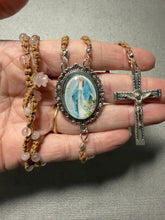 Load image into Gallery viewer, Acadian Brown Cotton Shuttle Tatted Rosary with Rose Quartz Beads