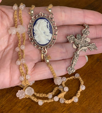 Load image into Gallery viewer, Acadian Brown Cotton Shuttle Tatted Rosary with Rose Quartz Beads