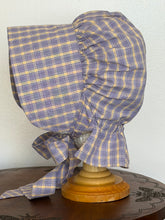 Load image into Gallery viewer, Bonnet - Purple & Yellow Plaid Prairie Bonnet, with Shuttle Tatted Edging or Plain