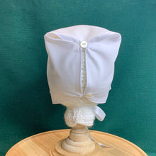 Load image into Gallery viewer, Fitted Birdie Cap - White Imperial Broadcloth with Lite Blue Tatted Edging