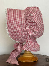 Load image into Gallery viewer, Bonnet - Red & White Gingham Prairie Bonnet, with Shuttle Tatted Edging or Plain