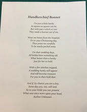 Load image into Gallery viewer, Handkerchief Bonnet, Shuttle Tatted White Edging