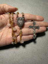 Load image into Gallery viewer, Acadian Brown Cotton Shuttle Tatted Rosary with Rose Quartz Beads