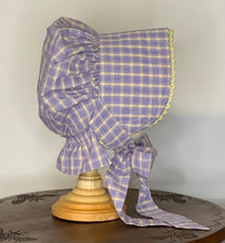 Load image into Gallery viewer, Bonnet - Purple & Yellow Plaid Prairie Bonnet, with Shuttle Tatted Edging or Plain
