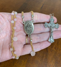 Load image into Gallery viewer, Acadian Brown Cotton Shuttle Tatted Rosary with Rose Quartz Beads