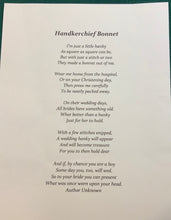 Load image into Gallery viewer, Handkerchief Bonnet, Shuttle Tatted Blue Edging - Hens & Chicks