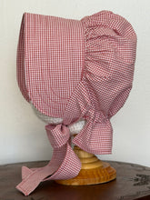 Load image into Gallery viewer, Bonnet - Red & White Gingham Prairie Bonnet, with Shuttle Tatted Edging or Plain