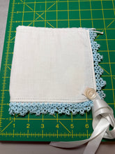 Load image into Gallery viewer, Handkerchief Bonnet, Shuttle Tatted Blue Edging - Hens & Chicks