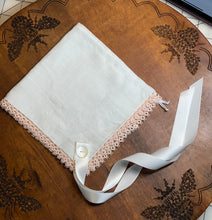 Load image into Gallery viewer, Vintge Handkerchief Bonnet with Embroidery Work, Shuttle Tatted Pink Edging