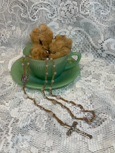 Load image into Gallery viewer, Acadian Brown Cotton Shuttle Tatted Rosary with Rose Quartz Beads