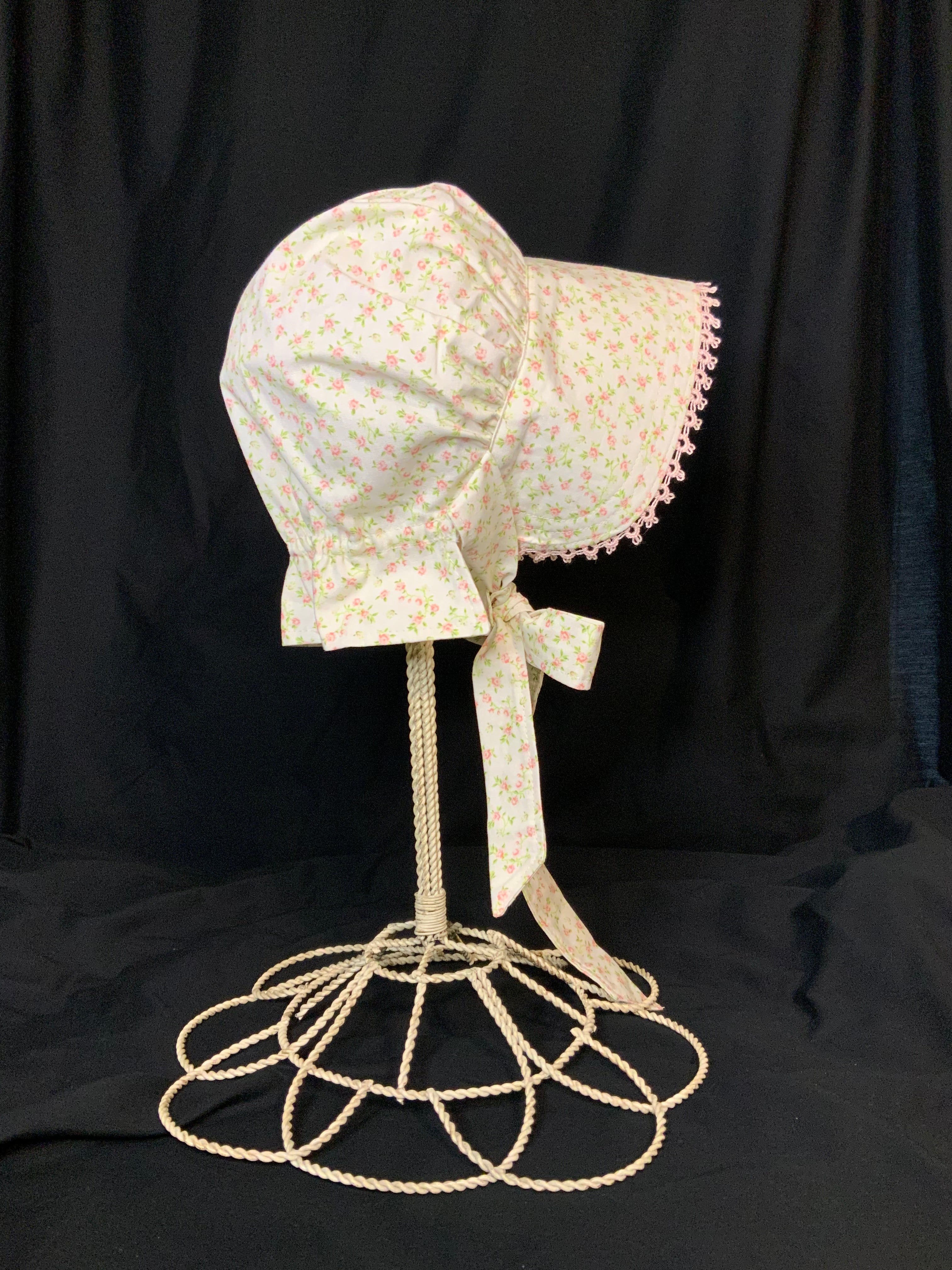 Prairie Bonnet, Vintage Rose Fabric -Shuttle Tatted Edging or