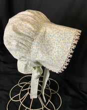 Load image into Gallery viewer, Prairie Bonnet, Vintage Blue Calico Fabric -Shuttle Tatted Edging or Plain