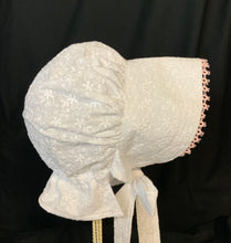 Load image into Gallery viewer, White Eyelet Prairie Bonnet with Shuttle Tatted Edging