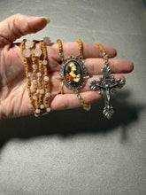 Load image into Gallery viewer, Acadian Brown Cotton Shuttle Tatted Rosary with Rose Quartz Beads

