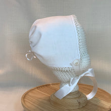 Load image into Gallery viewer, Handkerchief Bonnet, Shuttle Tatted Petite White Edging
