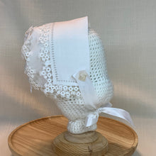 Load image into Gallery viewer, Handkerchief Bonnet, Shuttle Tatted White Edging  - Hens &amp; Chicks
