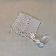 Load image into Gallery viewer, Handkerchief Bonnet, Shuttle Tatted White Edging  - Hens &amp; Chicks
