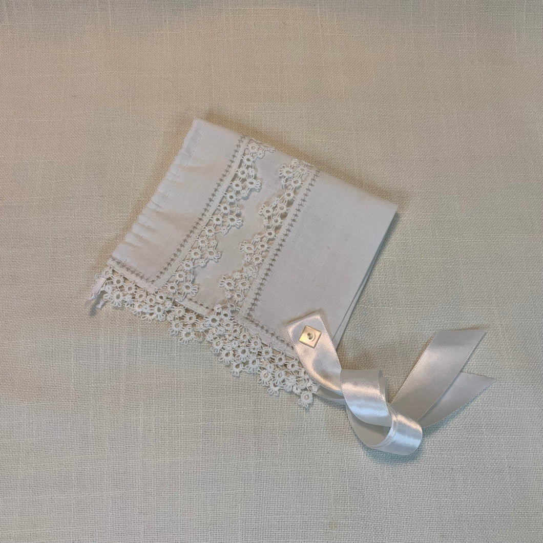 Handkerchief Bonnet, Shuttle Tatted White Edging  - Hens & Chicks