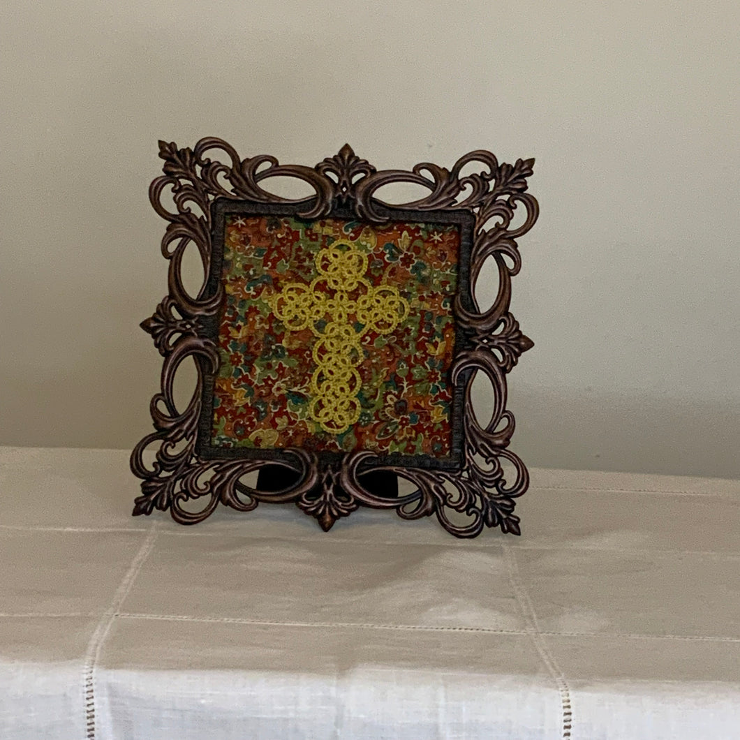 Shuttle Tatted Vintage Cross, Copper Frame