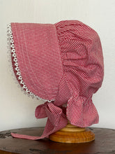 Load image into Gallery viewer, Bonnet - Red &amp; White Gingham Prairie Bonnet, with Shuttle Tatted Edging or Plain
