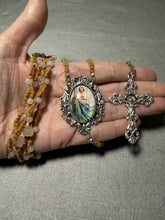 Load image into Gallery viewer, Acadian Brown Cotton Shuttle Tatted Rosary with Rose Quartz Beads
