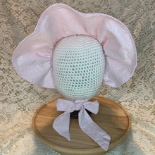 Load image into Gallery viewer, Vintage Bonnet - Pink &amp; White Seersucker Bonnet (reversible)
