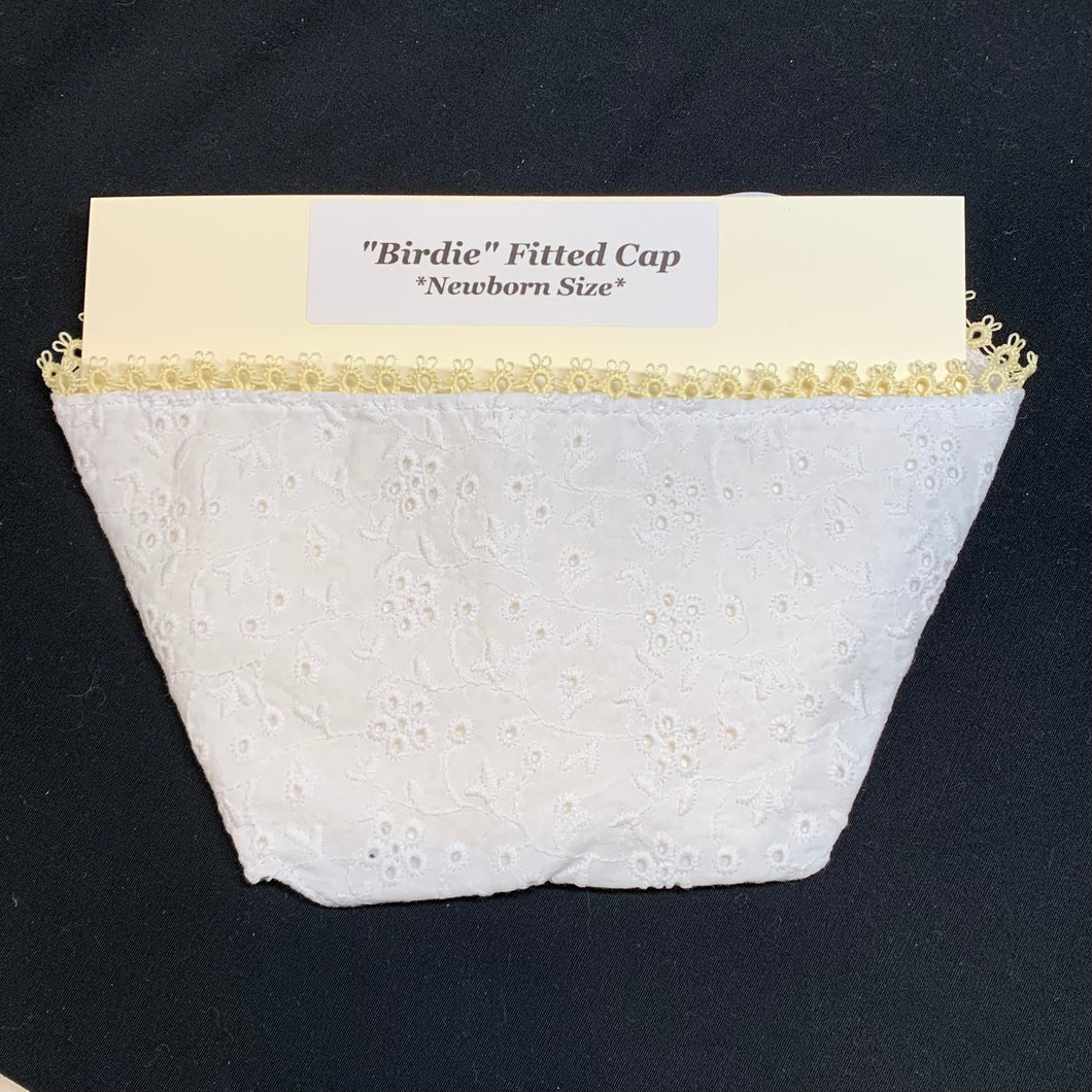 Fitted Birdie Cap - White Eyelet with Lite Yellow Tatted Edging