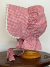 Load image into Gallery viewer, Bonnet - Red &amp; White Gingham Prairie Bonnet, with Shuttle Tatted Edging or Plain
