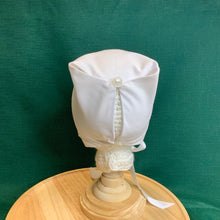 Load image into Gallery viewer, Fitted Birdie Cap - White Imperial Broadcloth with Ecru Tatted Edging
