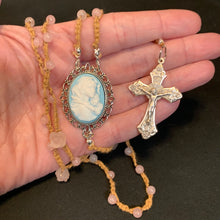 Load image into Gallery viewer, Acadian Brown Cotton Shuttle Tatted Rosary with Rose Quartz Beads
