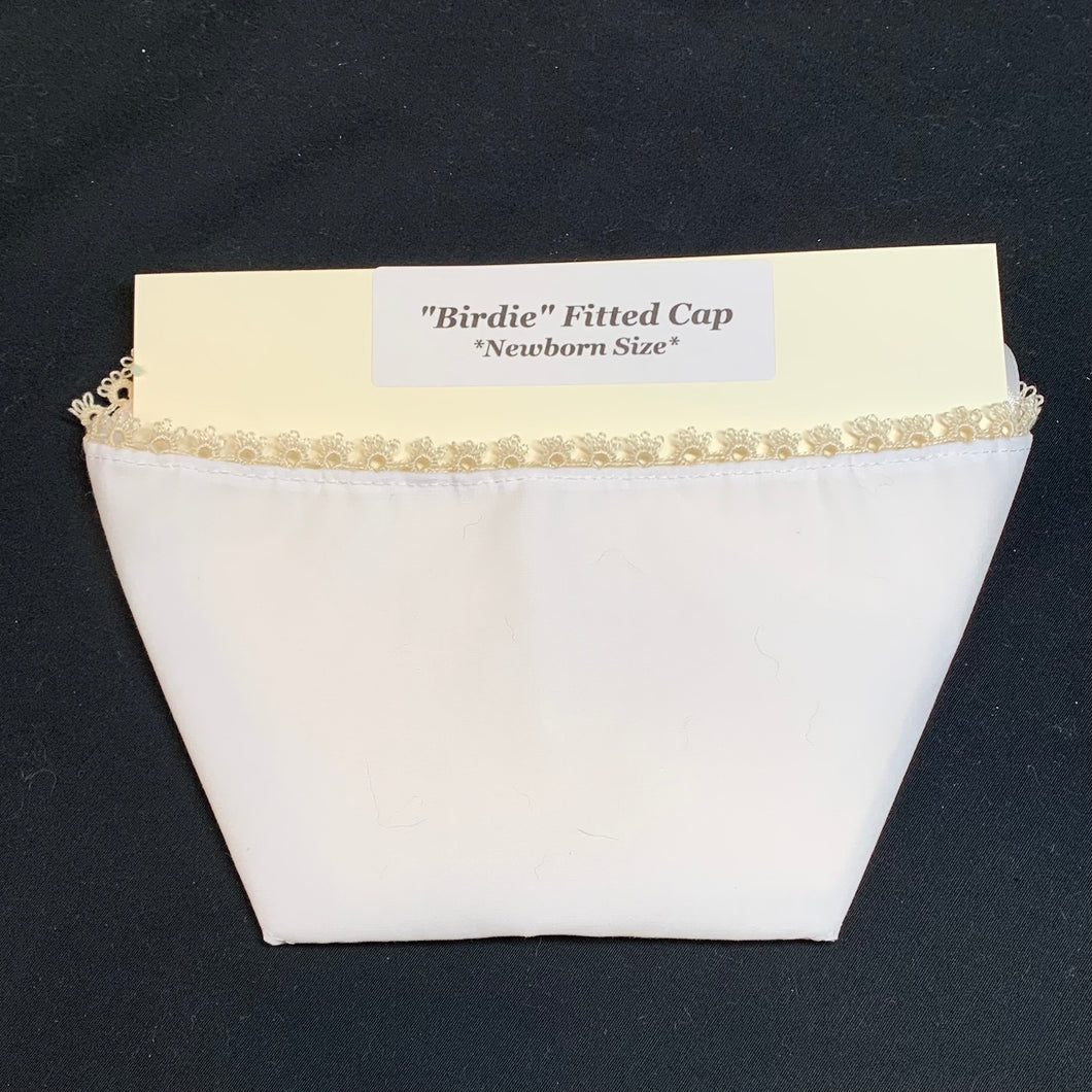 Fitted Birdie Cap - White Imperial Broadcloth with EcruTatted Edging