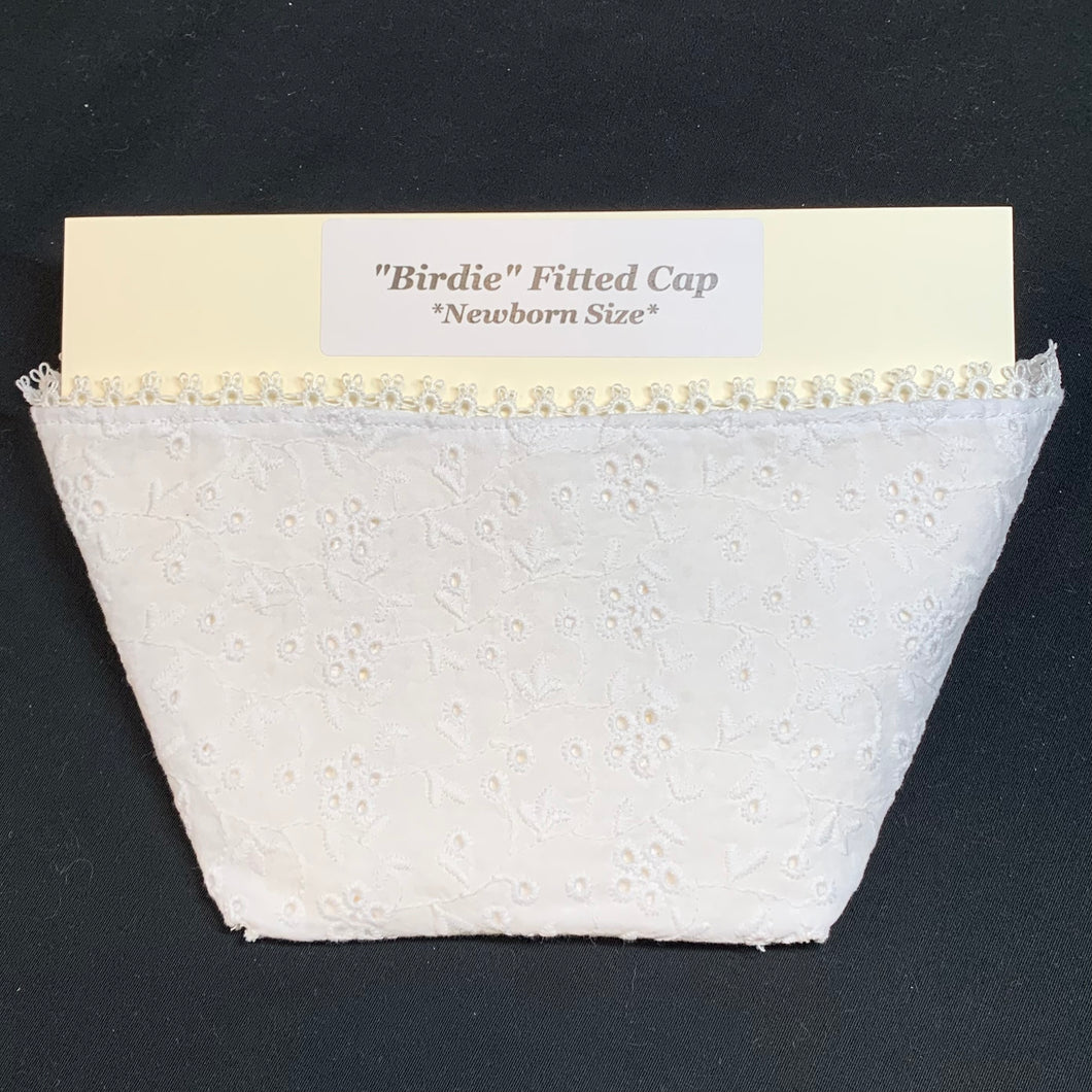 Fitted Birdie Cap - White Imperial Broadcloth with Light Yellow Tatted Edging