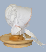 Load image into Gallery viewer, White Imperial Broadcloth Prairie Bonnet with Shuttle Tatted Edging
