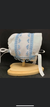 Load image into Gallery viewer, Handkerchief Bonnet, Shuttle Tatted Blue Edging - Hens &amp; Chicks
