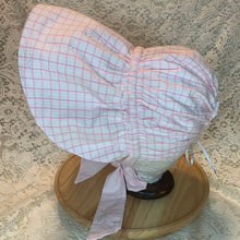 Load image into Gallery viewer, Vintage Bonnet - Pink &amp; White Seersucker Bonnet (reversible)
