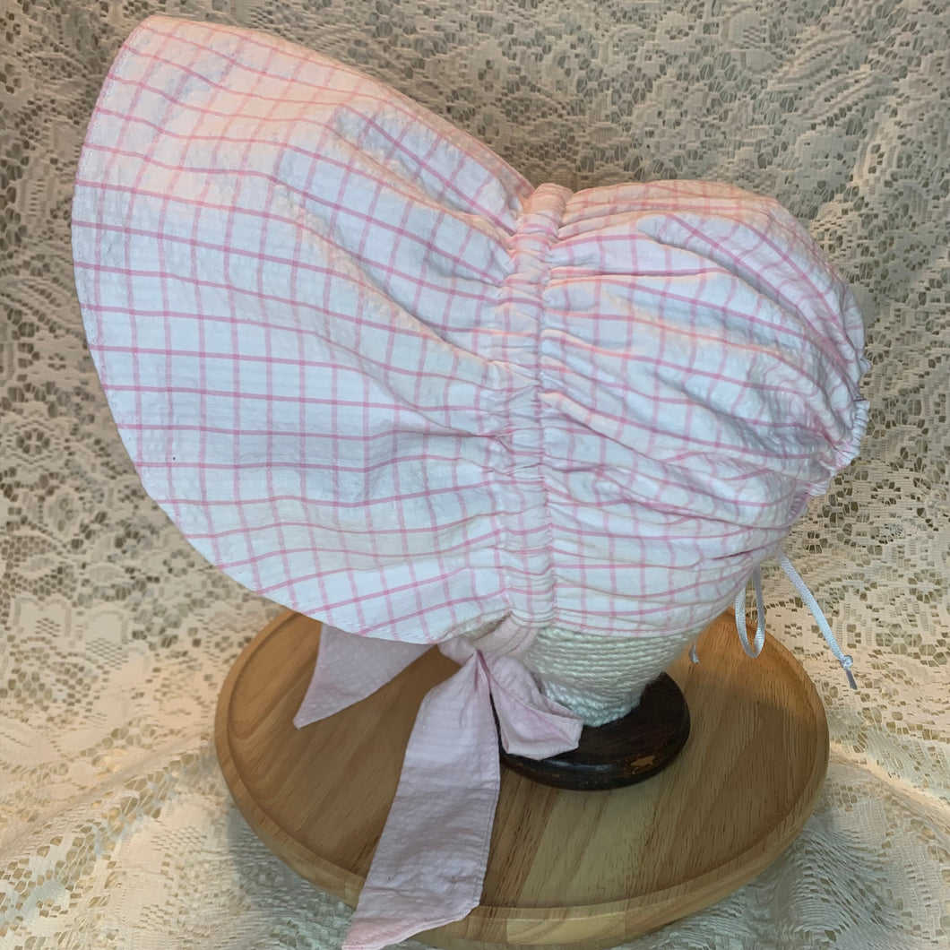 Vintage Bonnet - Pink & White Seersucker Bonnet (reversible)