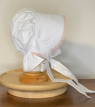 Load image into Gallery viewer, White Imperial Broadcloth Prairie Bonnet with Shuttle Tatted Edging
