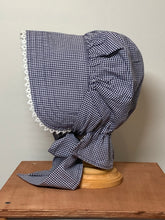 Load image into Gallery viewer, Navy &amp; White Gingham Prairie Bonnet -White Shuttle Tatted Edging or Plain
