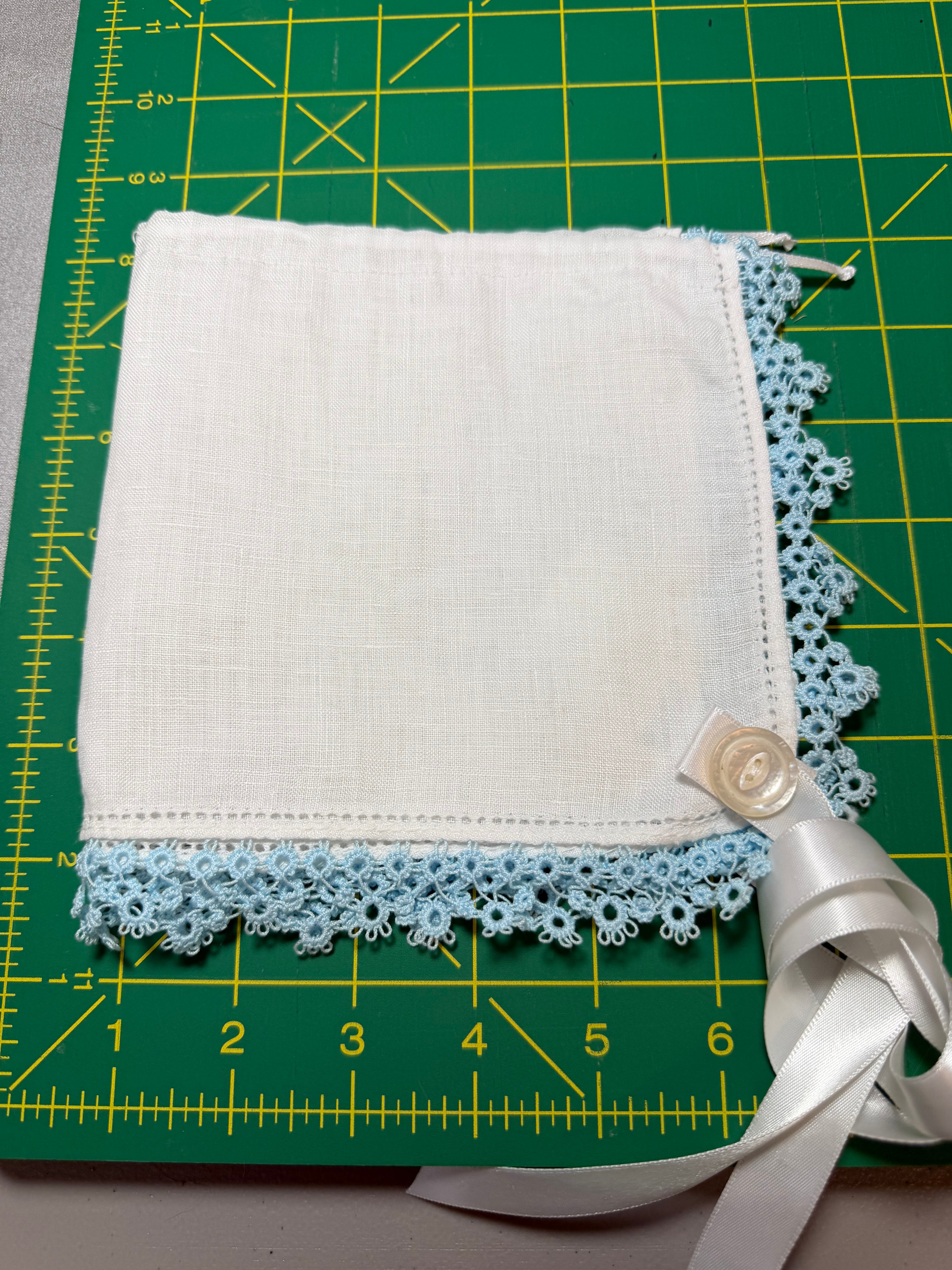 Handkerchief Bonnet, Shuttle Tatted Blue Edging - Hens & Chicks ...