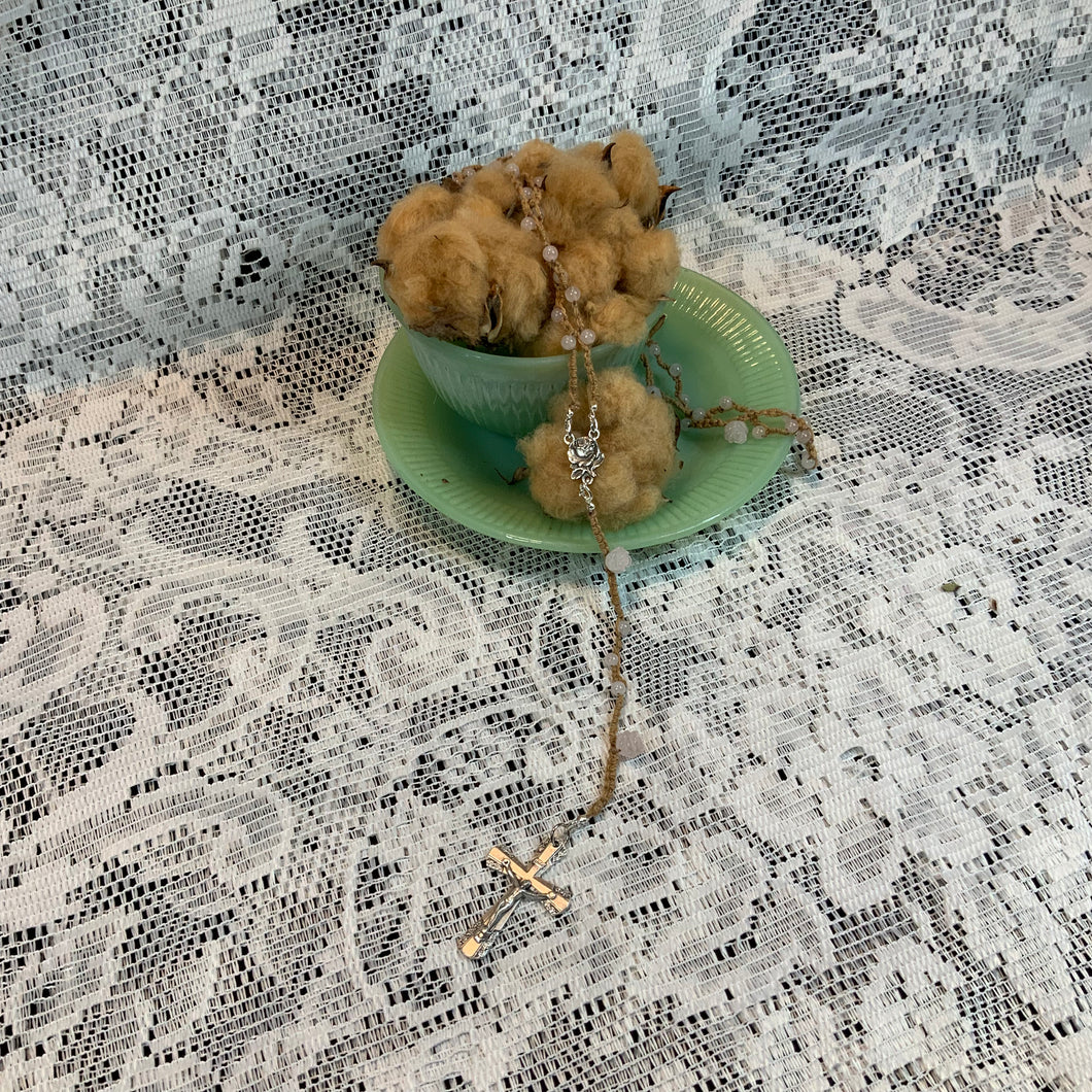 Acadian Brown Cotton Shuttle Tatted Rosary with Rose Quartz Beads